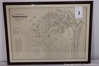 Overall view of framed map hung on wall showing wood frame and map sheet