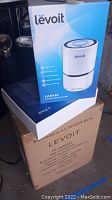 Levoit LV-H132 air purifier box showing model and key product features including compact size and 3-stage filtration.