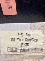 Close-up of box label showing product name and brand: P-51 Stunt Old Time Stunt/Sport .19-.35 by Golden State Models