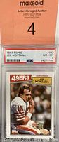 Front of PSA graded 1987 Topps Joe Montana #112 card showing player with a phone and cup, graded NM-MT 8 by PSA.
