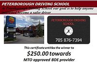 Certificate image showing driving school name, location photo, contact number, and $250 credit towards MTO approved driving course.