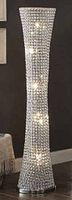 Front view of tapered rectangular crystal floor lamp illuminated with five bulbs