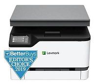 Front view of Lexmark MC3200 Series color multifunction printer, showing scanner lid and control panel screen. Better Buys Editor's Choice 2019 badge is visible.