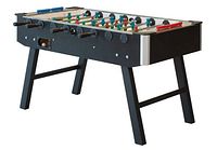 Full view of black Water World Pools Master Speed Soccer Table with tempered glass top and telescopic rods