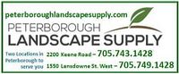 Printed sign with Peterborough Landscape Supply logo, locations and phone numbers