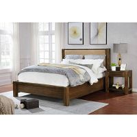 Staged bedroom view showing queen platform bed frame with textured beige headboard and one matching night table