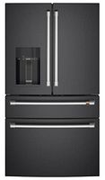 Front view of refrigerator showing matte black finish and dual handles with ice and water dispenser