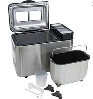 Breadmaker unit with lid open, non-stick bread pan removed, and accessories displayed.