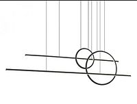 Black built-in LED linear chandelier with two circular LED rings hanging from horizontal bars