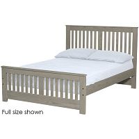 Grey-finished solid pine queen bed frame with slatted headboard and footboard, side rails
