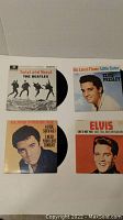 Top view photo of all 4 45 RPM records with picture sleeves laid out on a flat surface: The Beatles 'Twist and Shout' and three Elvis Presley singles.