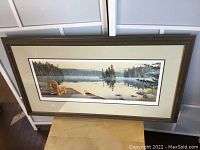 Framed lithograph shown in entirety against white storage cabinet