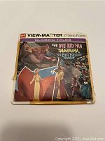 Worn original box for 1953 GAF View-Master Classic Tales with cover art showing characters from The Little Red Hen, Thumbelina, and The Pied Piper of Hamelin.