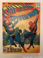 Front cover of the comic book featuring Superman and Spider-Man with villains including Doctor Doom and the Parasite.