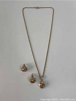 Full view of the necklace with pendant and two matching stud earrings on white background.