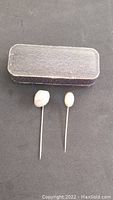 Two oval-shaped stick pins displayed next to a dark vintage jewelry box.
