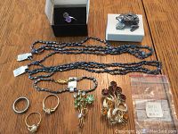 Entire jewelry lot on wood surface showing necklaces, rings, earrings, pins, and bracelet.