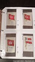 Binder pages with silk tobacco flags featuring Turkey, Persia, Austria-Hungary, and other historical flags.