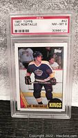 Front view of 1987 Topps Luc Robitaille rookie card in PSA graded slab with label showing NM-MT 8 grade, card number 42.
