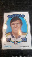 Front image of 1972 Tim Horton Buffalo Sabres hockey trading card in protective sleeve showing player's portrait and card details.