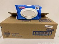 Full box with one pack placed on top showing quantity and dimensions.