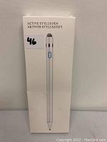 Front of the white box showing the image of the silver active stylus pen with a blue circular LED indicator on the pen body.
