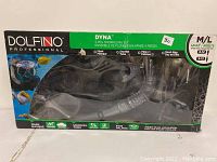 Front of box showcasing the mask through clear plastic window, with graphics and text indicating 5-piece snorkel set for size M/L adults with mask, snorkel, fins, and mesh bag.