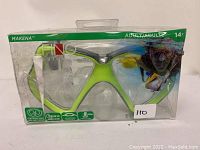 Clear photo of the DOLFINO professional swim goggles in original plastic packaging showing green frame and clear lenses with branded box
