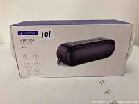Photo of Lenrue Wireless Speaker A15 box showing product image and key features.
