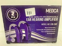 Front view of Medga ear hearing amplifier box indicating 2 pcs, model LYB-26P, rechargeable with features such as comfortable wear, clear sound, streamlined design.