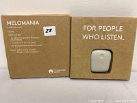Closed box of Cambridge Audio Melomania earbuds with product name and branding. Box is brown paperboard with front cutout showing charging case. Text on box includes 'For People Who Listen' and definition of Melomania.