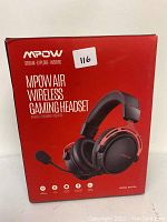 Front view of red retail box for MPOW Air Wireless Gaming Headset, showing brand, model, and key features.