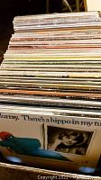 Stack of vinyl records in box showing various album spines and a visible cover 'There's a Hippo in My Tub' by Anne Murray.