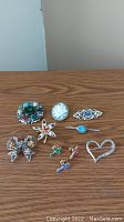 10 pieces of mixed brooches and pins arranged on a wooden surface showing the variety of designs and colors.