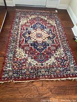 Full view of rectangular area rug placed on hardwood floor showing central medallion and border design.