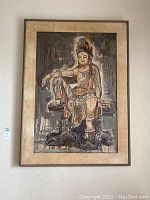 Full view of the framed and matted wall art showcasing an Asian figure seated on a stylized base.