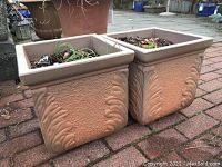 Two matching heavy square planters placed on brick paving. Planters have a textured design with raised leaf motifs and are filled with soil and some small plants.