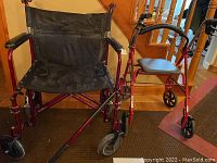 Front view showing the full wheelchair and the walker side by side on a floor mat, highlighting foldable wheelchair frame and walker seat.