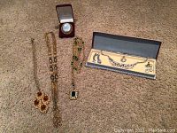 Photo showing three gold-tone necklaces laid out on carpet and cameo brooch in a velvet lined box