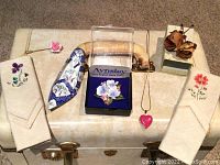 Vintage makeup/accessory case with various small accessories arranged on top including brooch, scarves, necklace, and resin roses.