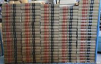 Large bookshelf fully filled with rows of legal book volumes with beige covers and red and black spine labels.