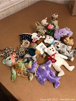 Top view of 16 assorted Beanie Babies plush toys arranged on a bed, showing various animals and colors with Ty tags.