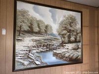 Large framed landscape painting of river, trees, and rocks, signed Williams with visible frame chips and a few paint stains, measuring 51x64 inches.