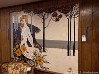 Full view of signed painting depicting seated nude female figure with stylized trees and sunflowers in earthy tones within a wooden gilt frame