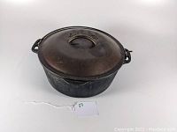Cast iron Dutch oven with lid seen from the side showing shape and size