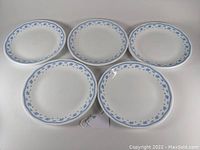Eight white dinner plates arranged on a surface, showing the overall appearance and quantity of the set.