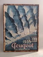 Full frontal view of framed 1935 Peugeot Acceleration reproduction poster showing overall condition and design.