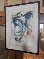 Full view of framed abstract lithograph by Roger Lersy showing frame and mat