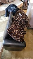 View of rectangular black leather-like storage bench ottoman with brown giraffe-patterned throw and black fur-like cushion on top.