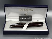 Waterman pen set including one fountain pen and one roller pen in original box with instruction booklet.